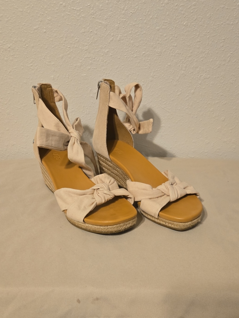 UGG Tie-Strap Espadrille Wedge Sandals in Light Beige